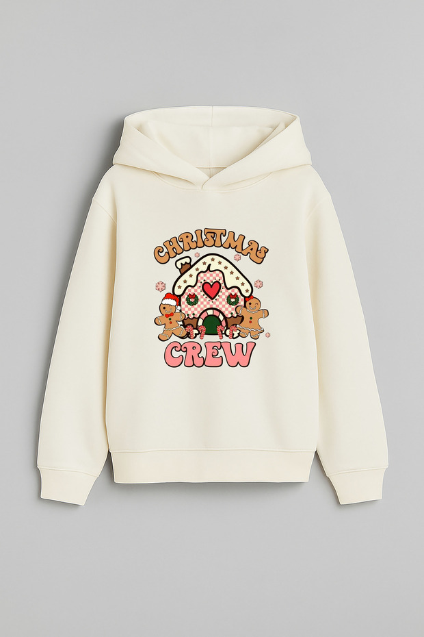 2026 New Year Santa Claus Christmas Printed Ecru Hooded Sweatshirt