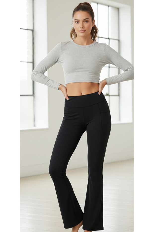 Black High Waist Shaping / Sculpting Double Pockets Flared Women's Sports Leggings Bootcut