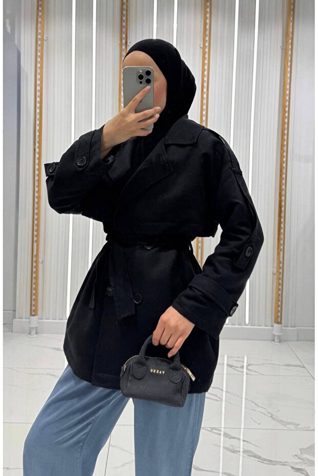 Kadın Kuşaklı Süet Kısa Siyah Trençkot - 5