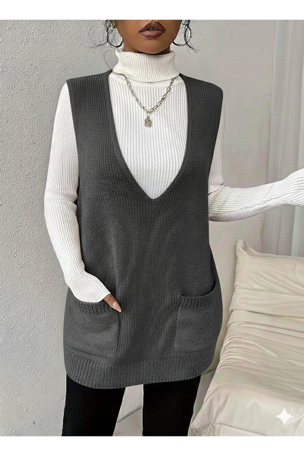 Women's Deep V-Neck Pocketed Knitwear Sweater Vest Sweater Smlxl Size Compatible Length 85 cm