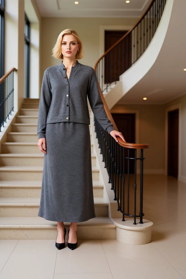 Women's Top and Bottom Thessaloniki Knitted Fabric Long Skirt Cardigan Two-Piece Set Casual Comfortable Elegance and Functional