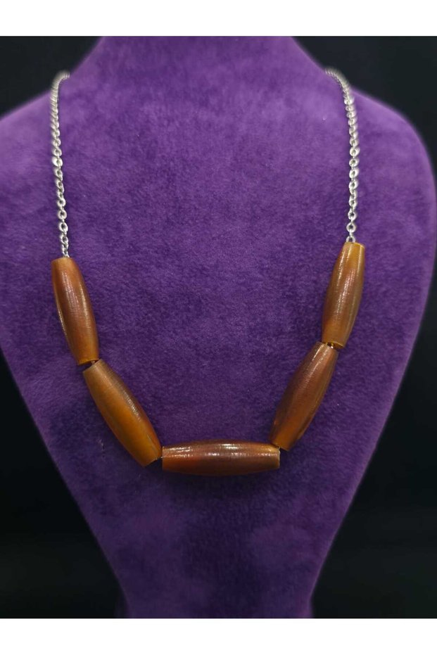 Wooden Antique Look Bohemian Design Polyester Cylinder Cut Five-Piece Stylish Style Steel Necklace