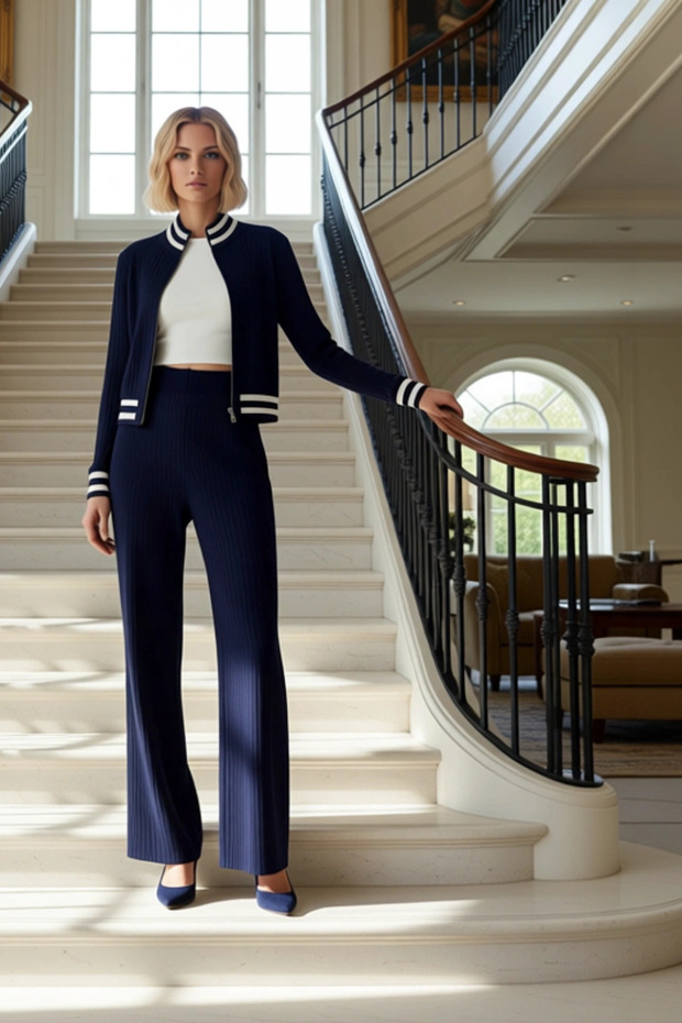 Women's Zippered Crop Knit Jacket and High-Waisted Wide-Leg Knit Pants Set