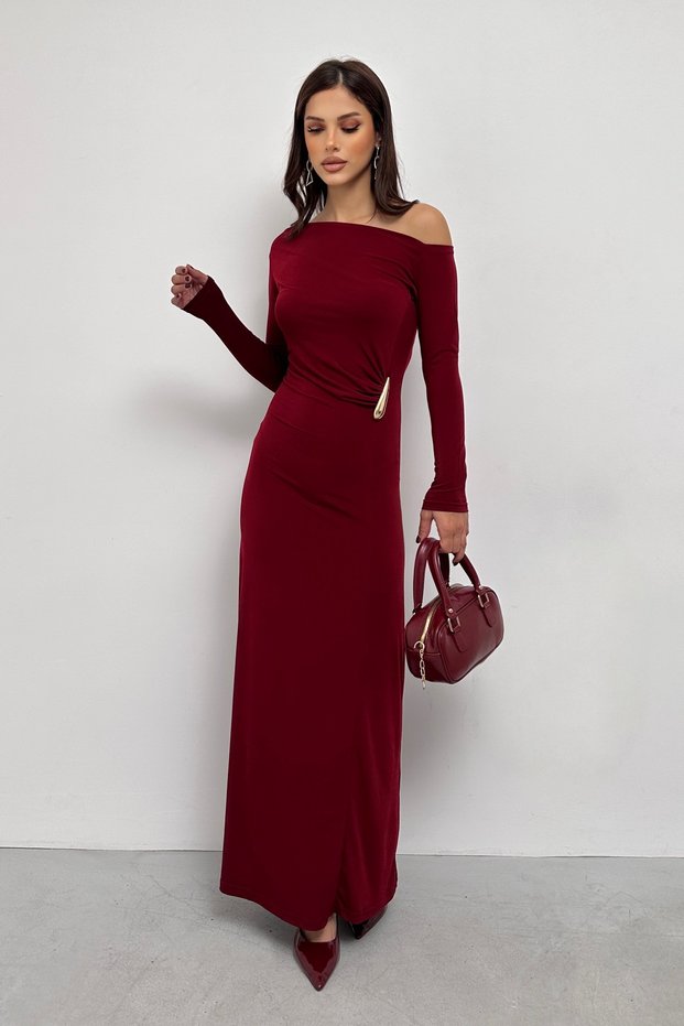 Slim Buckle Detail Asymmetric Necklace Long Sleeve Sandy Dress