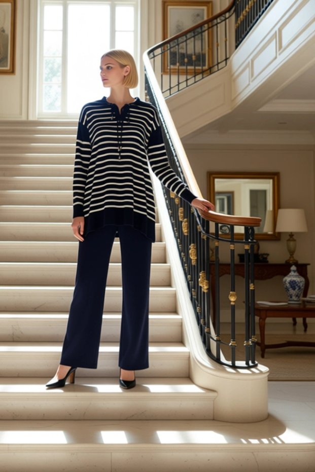 Women's Striped Lace-Up Detailed Knitwear Top and Straight-Leg Pants Set Comfortable and Versatile Sportswear