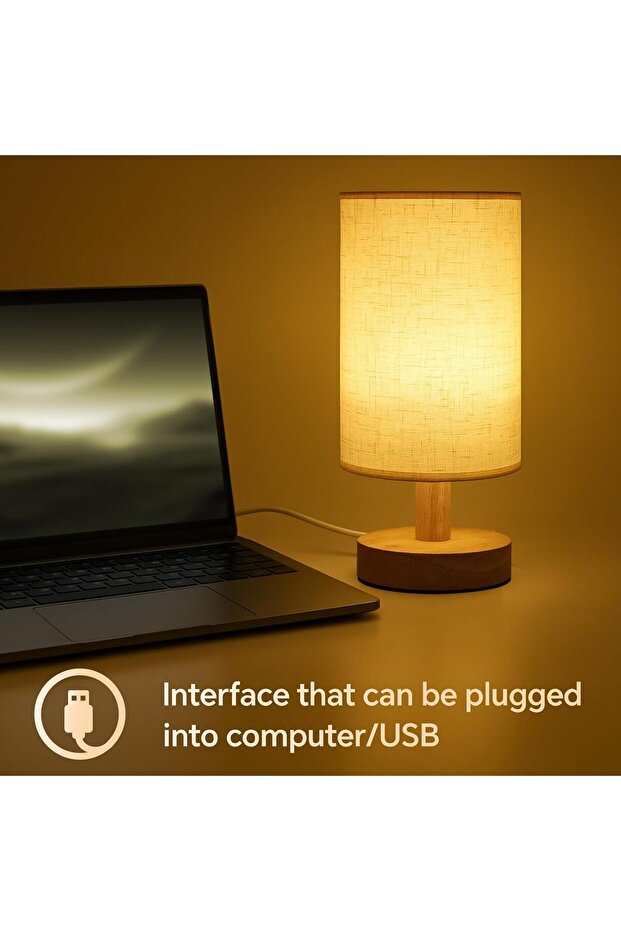 Bedside Table Lamp, Warm USB Charging, Linen Shade & Log Base (Button Switch; Fixed Lighting - 5