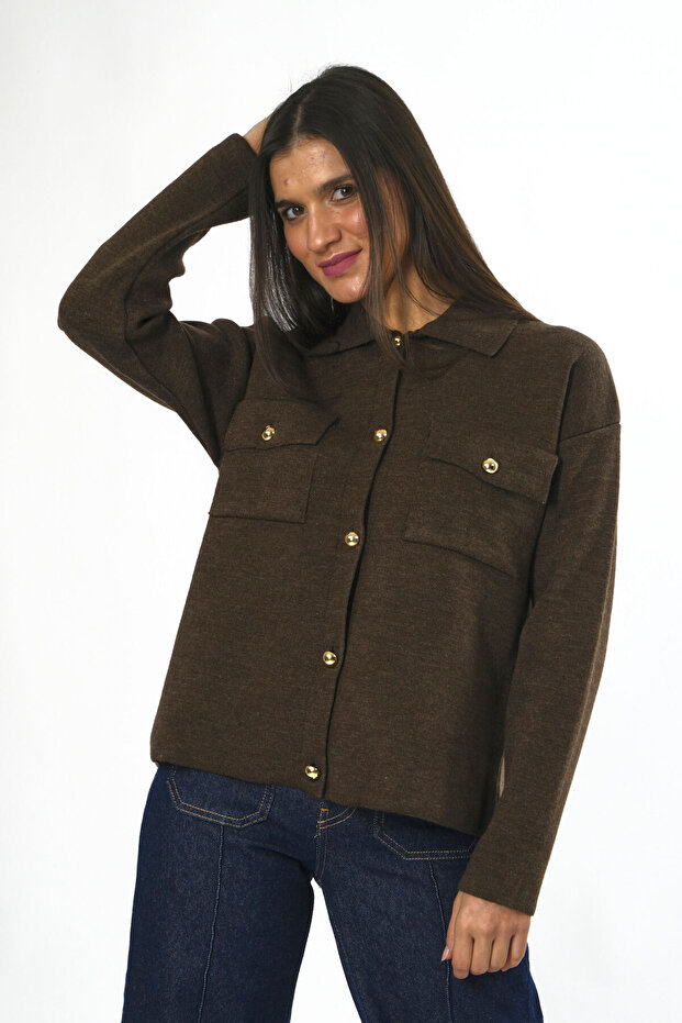 Kadın Cepli Düğmeli Triko Hırka - 5