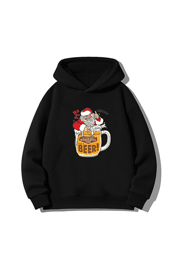 Bira Beer New Year Santa Claus Christmas Printed Black Hooded Sweatshirt