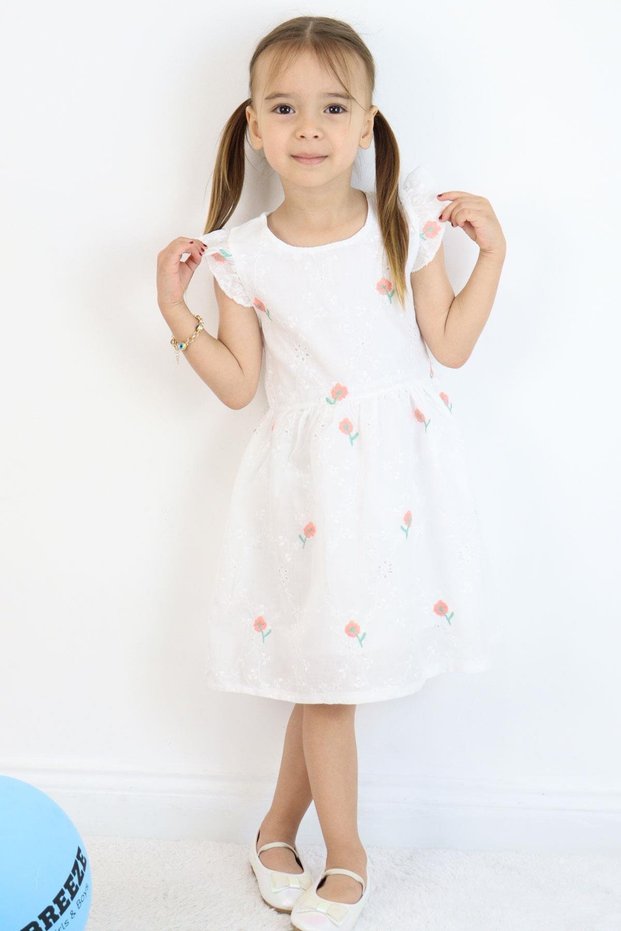 Girl's Dress with Floral Embroidery and Guipure Detail, Ages 3-7, Ecru