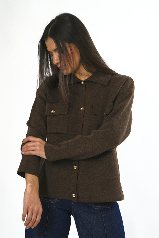 Kadın Cepli Düğmeli Triko Hırka - 7