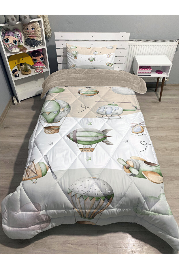 Welsoft Fluffy Double-Sided Bedding with Borders with Airplanes and Balloons Patterned Single Quilt Sleeping Set