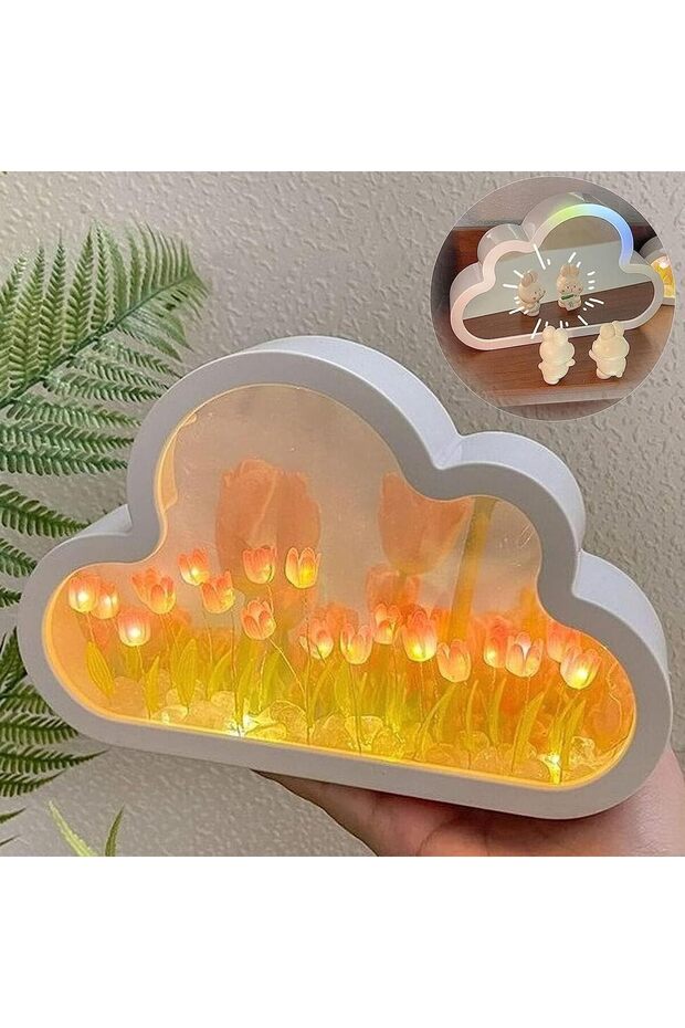 Cloud Tulip Lamp - Simulated Flower Nightlight with Adjustable Brightness & Mirror