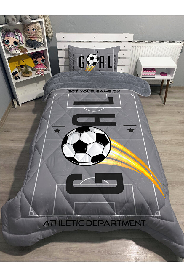 Welsoft Fluffy Double-Sided Football Patterned Single Quilt Sleeping Set