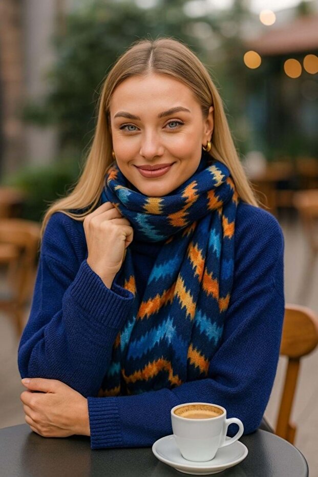 Striped patterned sax blue tasseled thick shawl - 1