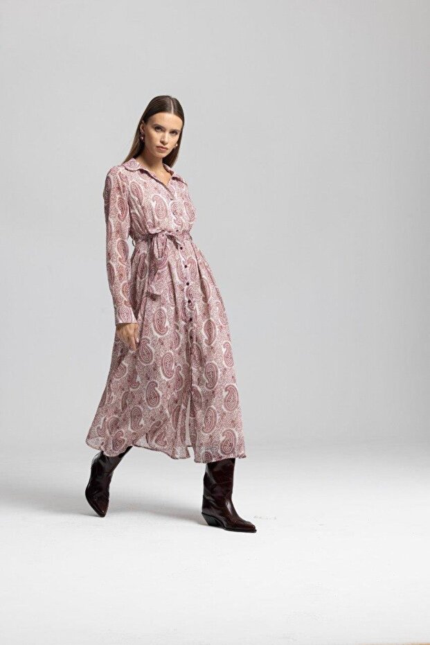 Shawl Pattern Pink Chiffon Shirt Dress