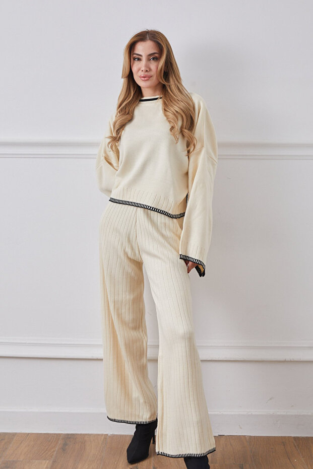 Crew Neck Shepherd Stitched Sweater Pants Knitwear Two-Piece Set 2026 Ecru