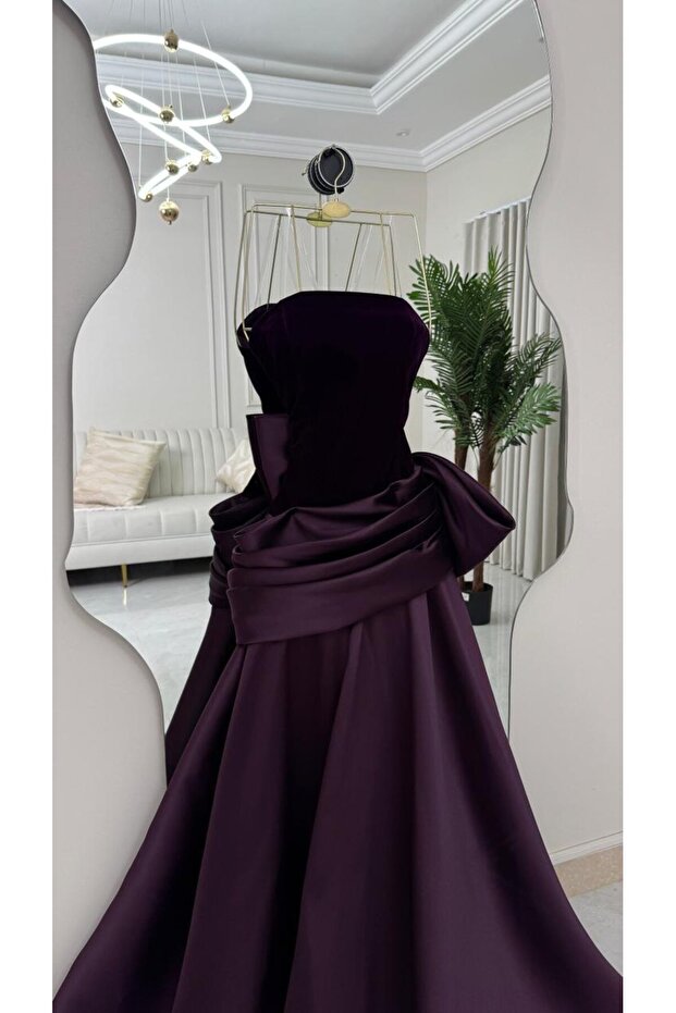 فستان سهرة طويل مخمل وستان بتفاصيل عقدة أنيقة - 3