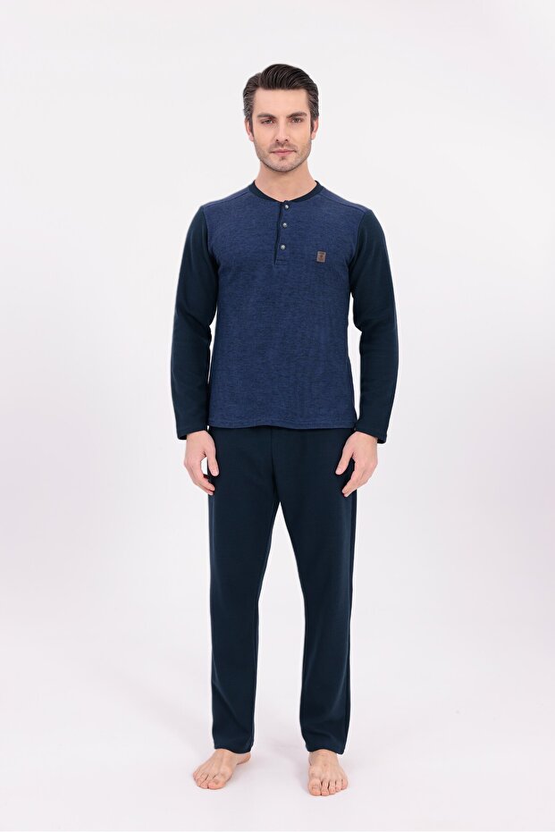 Men's Blue Jacquard Winter Long Sleeve Cotton Men's Pajama Set
