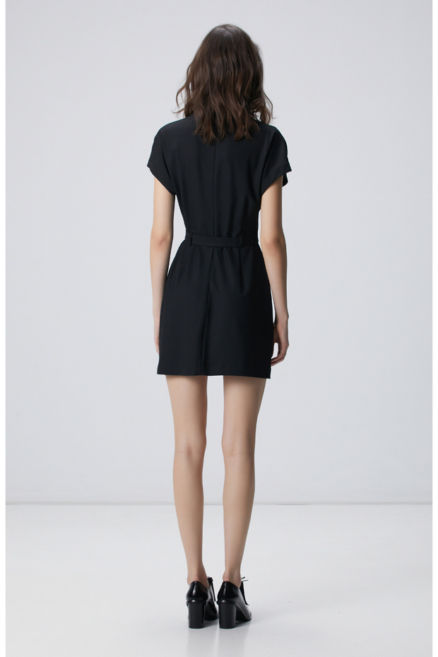 Siyah Kemerli Mini Elbise - 5