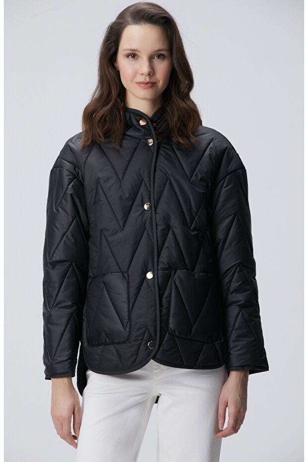 Siyah Zigzag Kapitone Mont - 4