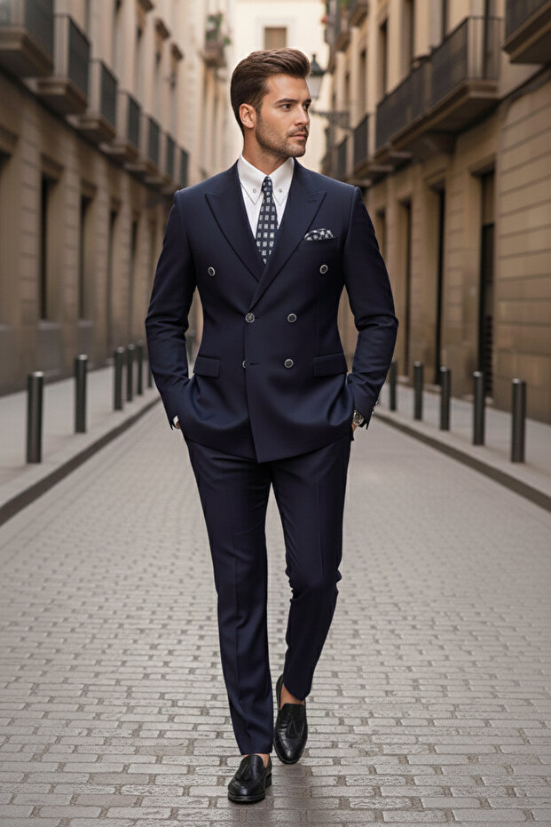 Slim Fit Pointed Collar Double Slit Wool Blend Double-Breasted Navy Blue Suit
