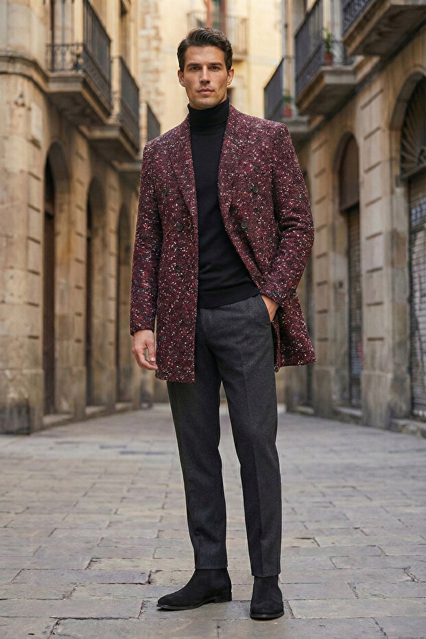 Slim Fit Patterned Single Slit Wool Blend Double-Breasted Claret Red Coat
