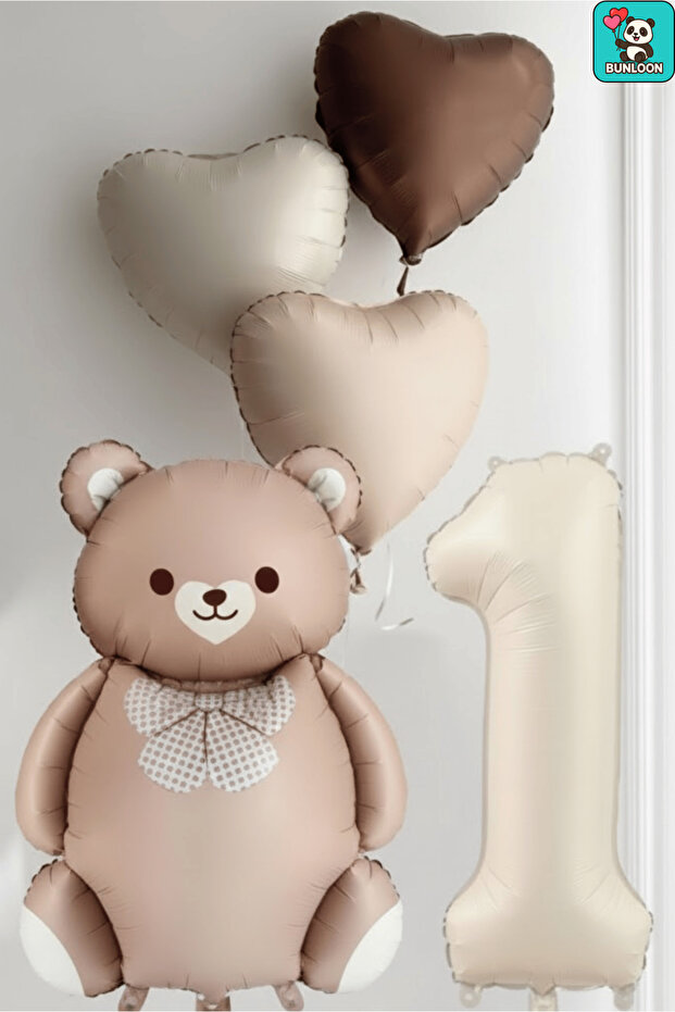 1 Year Old Bear Figure Heart Themed Birthday Decoration Balloon with Cream Foil and Brown Bow Tie