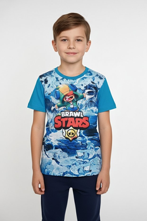 Boys Crew Neck Relax Fit Cotton Brawl Stars Leon Printed Short Sleeve T-Shirt