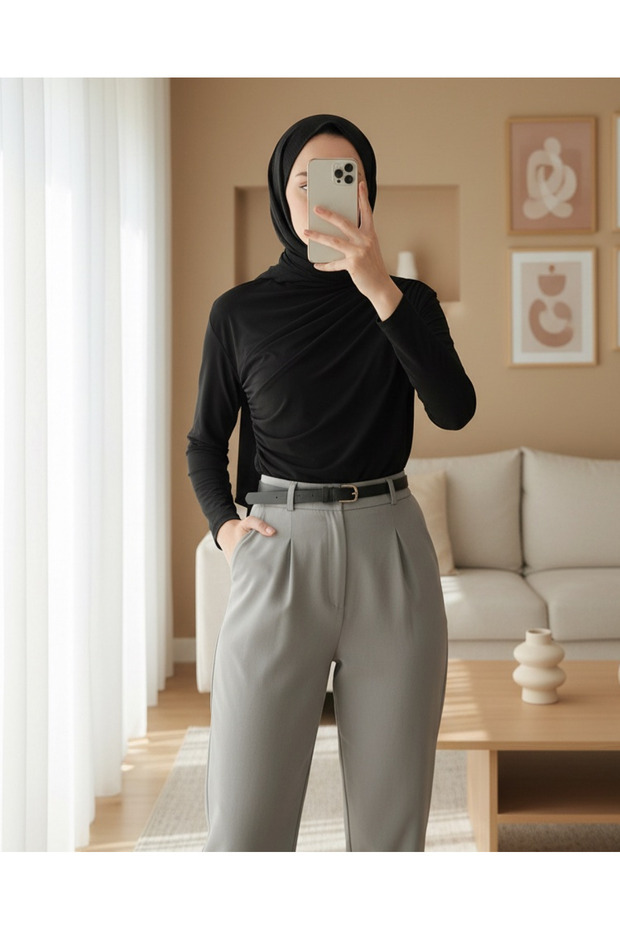 925 Drawstring Detailed Sandy Blouse - Black
