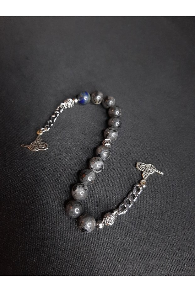 Smoked and Gray Labradorite Stone Metal Ottoman Tughra Detailed Zaza Prayer Beads