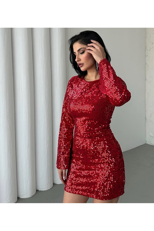 فستان بأكمام طويلة مزين بالترتر