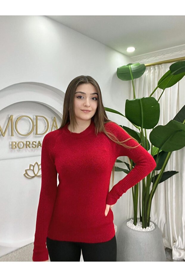 Women's Thin Knit Red Long Sleeve L Stretch Fabric Soft Knitwear Sweater-Badi