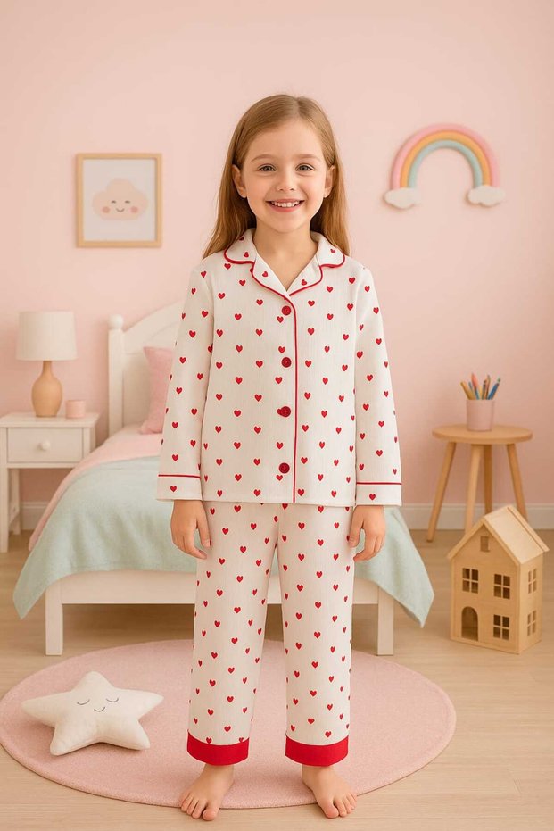Girl's Shirt Collar Heart Printed Pajama Set