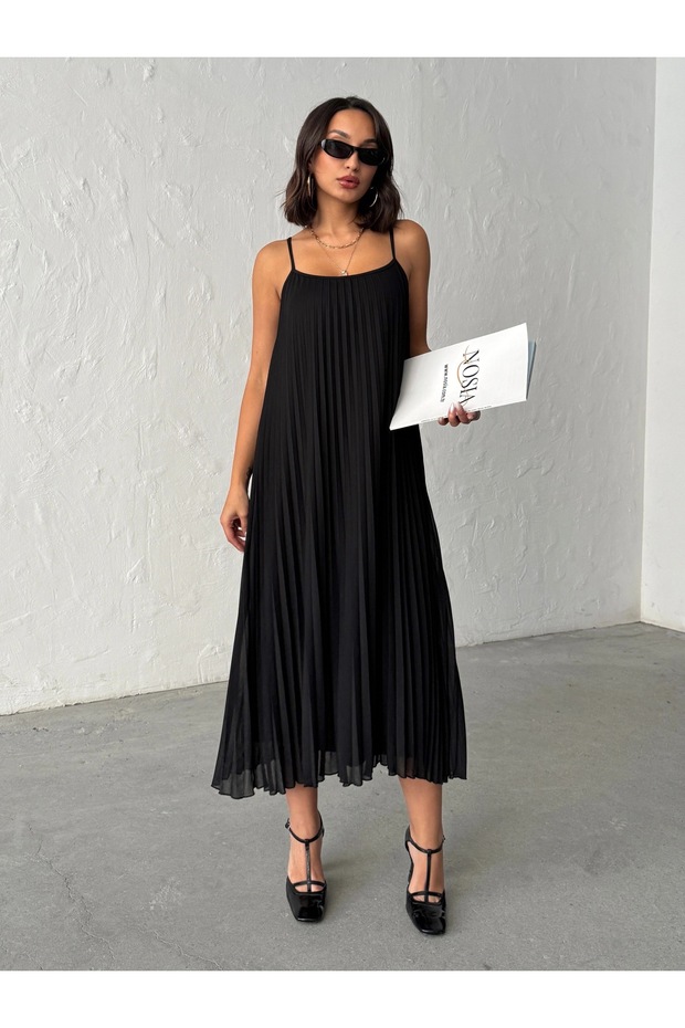 Pleated Black Midi Length Chiffon Casual Dress