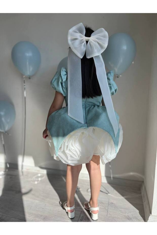 Turquoise Velvet Balloon Sleeve Balloon Skirt Special Design Girl's Party Dress +Buckle