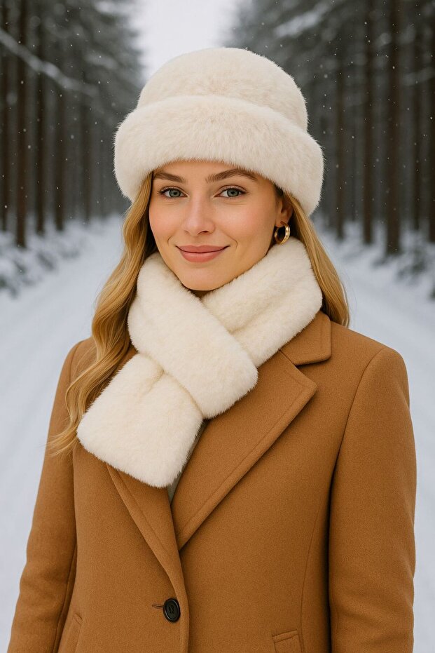 Ecru Soft Textured Plush Neck Collar and Earflap Women's Hat