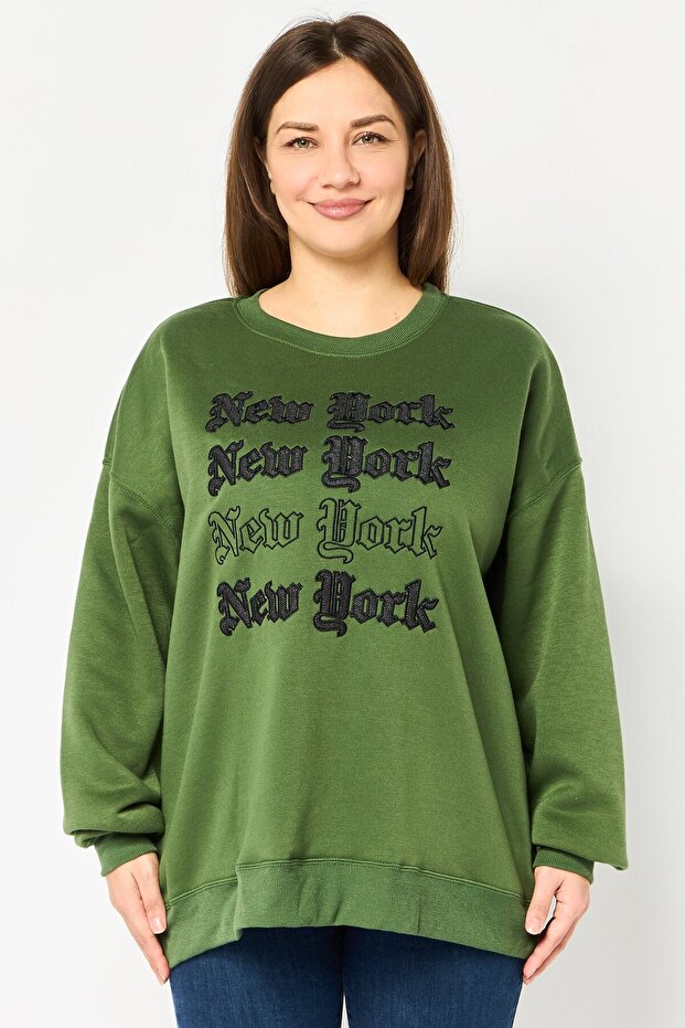 Women Embroidered Long Sleeve Sweatshirt, Dark Green