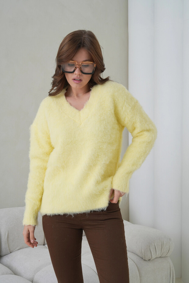 Women's V-Neck Beard Textured Fleece-Lined Oversized Knitwear Sweater 8695