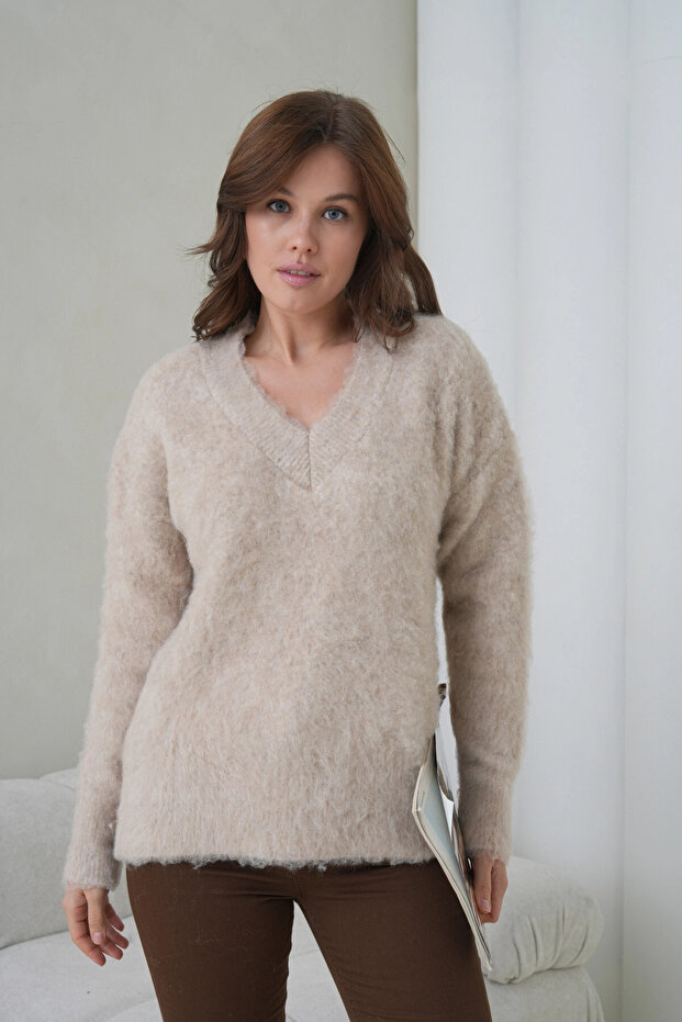 Women's V-Neck Beard Textured Fleece-Lined Oversized Knitwear Sweater 8695