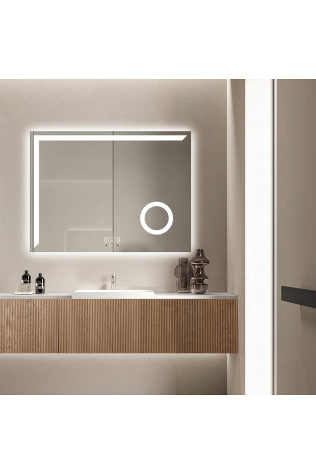 LED Mirror 80×60 cm Rectangular – Motion Sensor, 3 Light Types, Dimmable, Clock & Temperature, De - 1