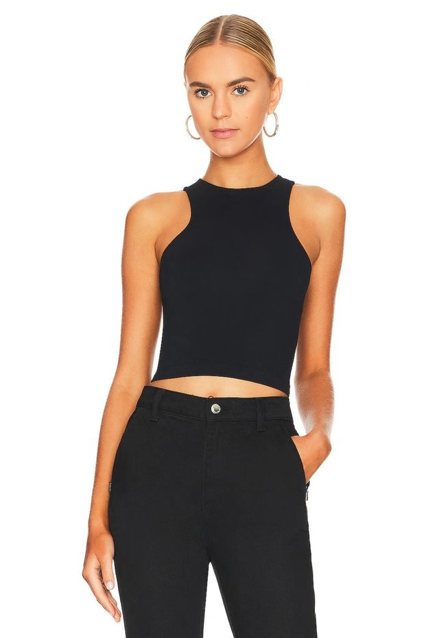 Women's Black High Halter Neck Sleeveless Shaping / Sculpting Ribbed Knit Crop Tank Top
