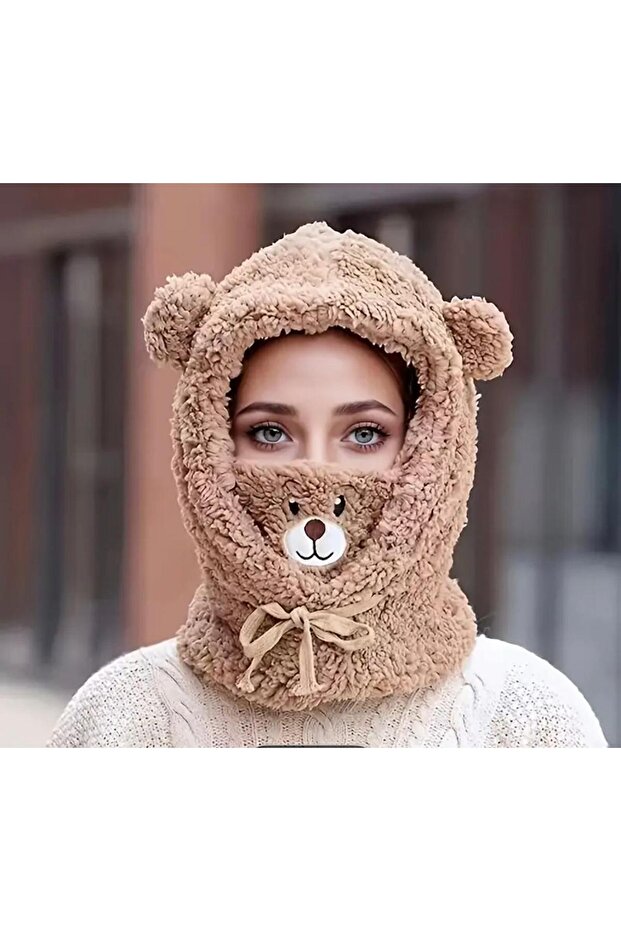 Plush Beanie Hat with Cute Teddy Bear Detail and Neck Collar
