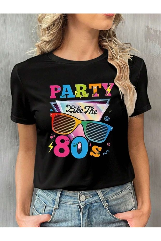 Retro 80S Colorful Letter Printed Casual Crew Neck Women's T-Shirt