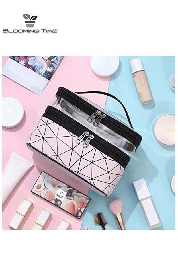 Double Layer Cosmetic Storage Bag - Waterproof, Large Capacity, Pink