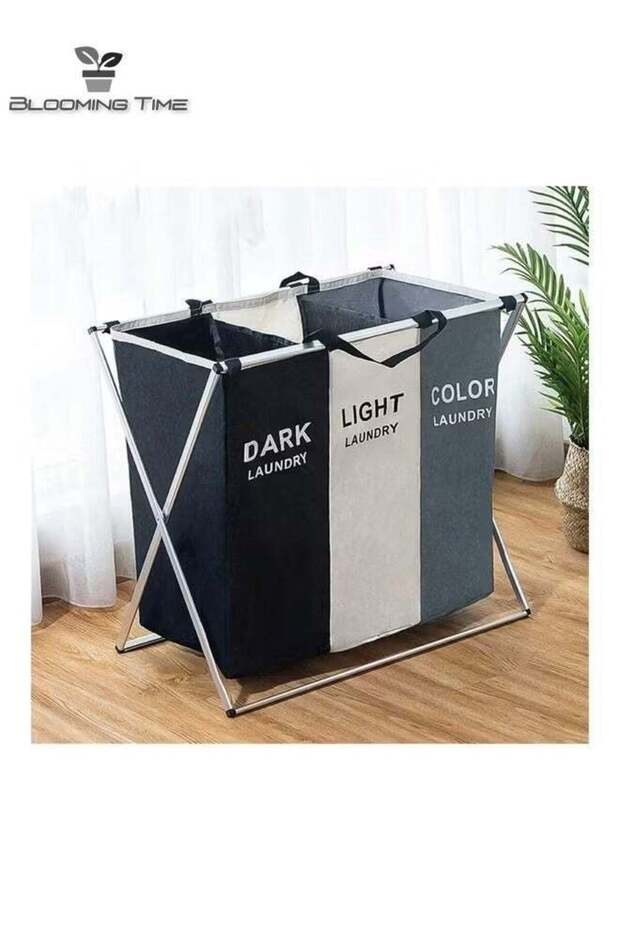 Classified Laundry Basket, 3-Partition Foldable Storage