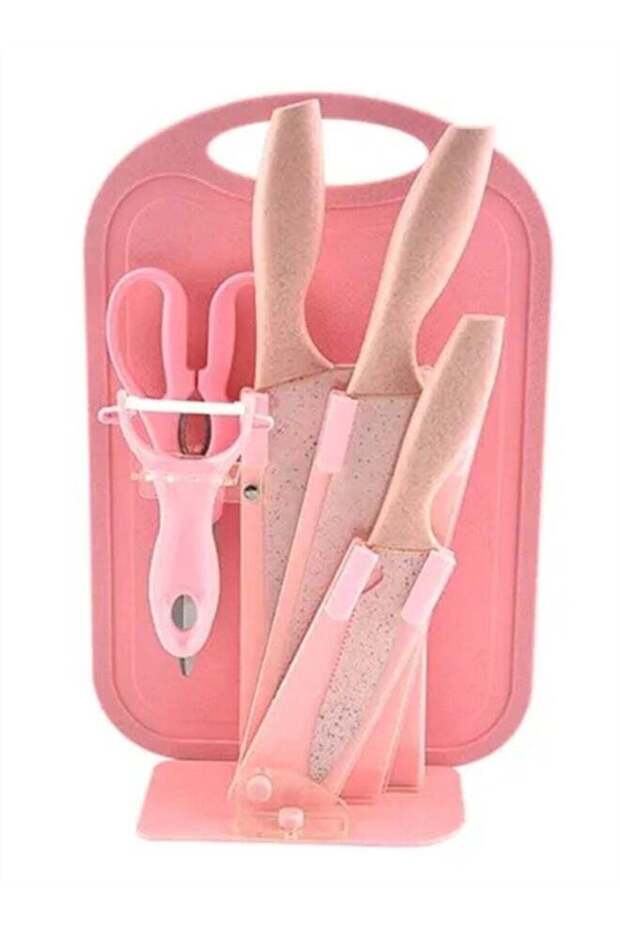 7-Piece Wheat Straw Kitchen Knife With Cutting Board Set Pink