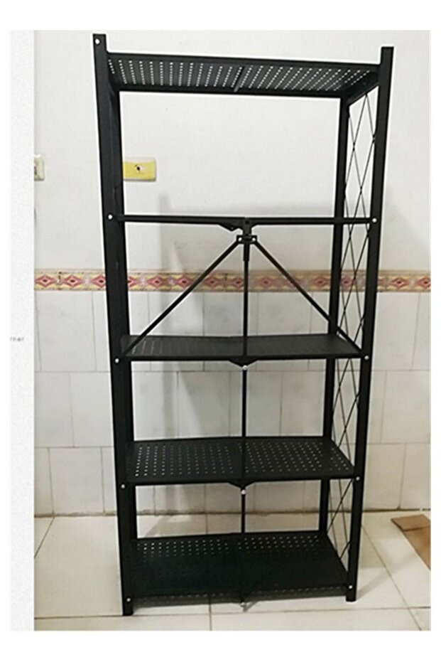 5 Tier Foldable Metal Kitchen Storage Rack Shelf with Wheels - Black