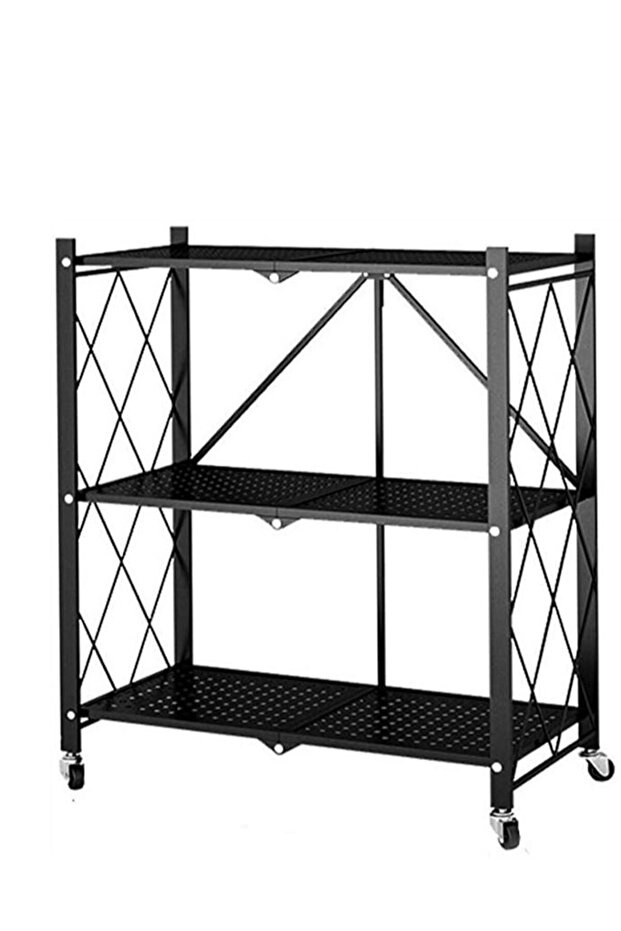 3 Tier Foldable Metal Kitchen Storage Rack Shelf with Wheel Black