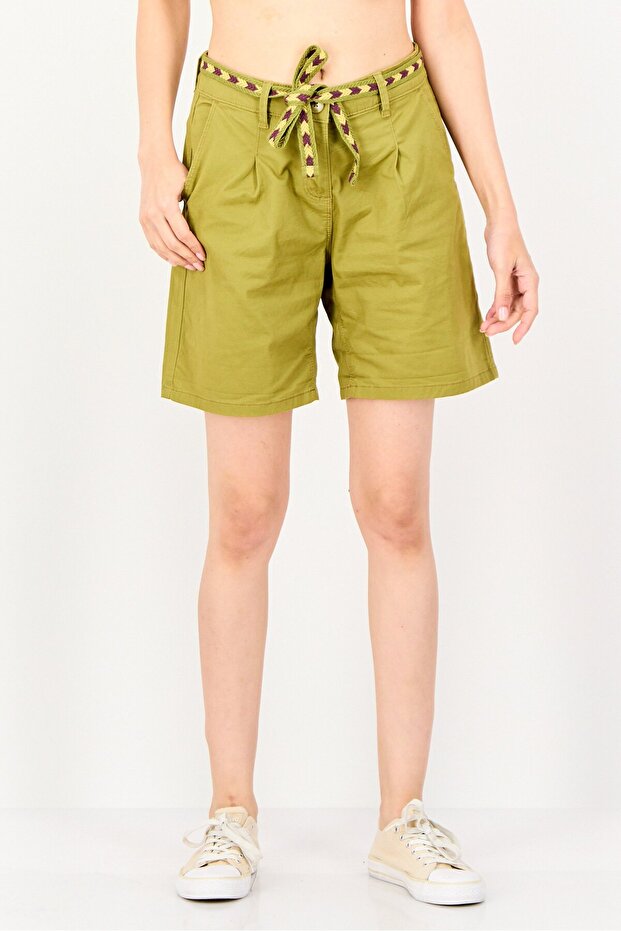 Women Solid Basic Shorts With Belt, Olive - 1