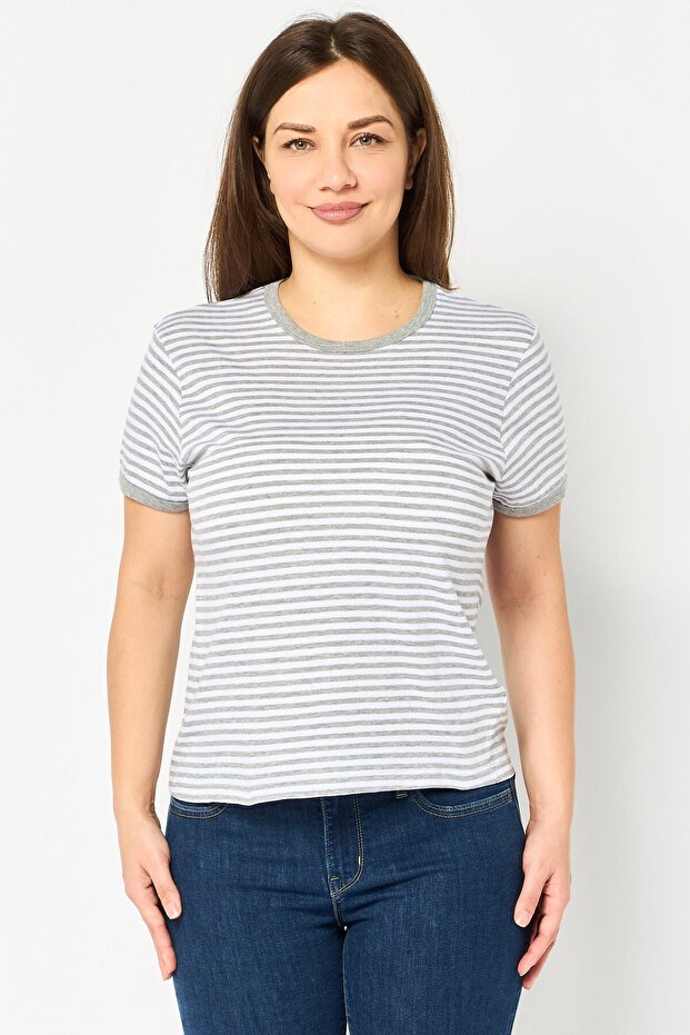 Women Crew Neck Short Sleeve Stripe T-Shirt, Multicolor
